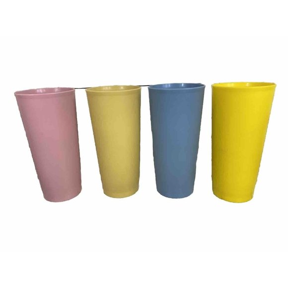 Tupperware Pastel Tumblers Cup 1348 18oz Set of 4 Tan Pink Blue Yellow - Picture 1 of 12